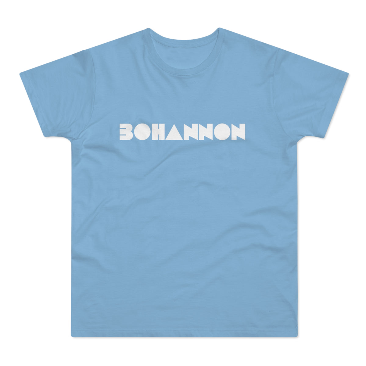 Light blue t-shirt with white "BOHANNON" text in geometric font.
