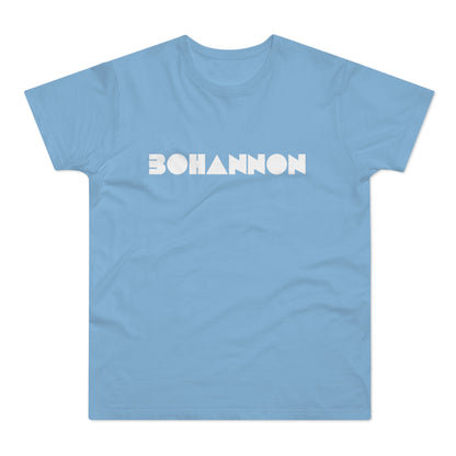 Light blue t-shirt with white "BOHANNON" text in geometric font.