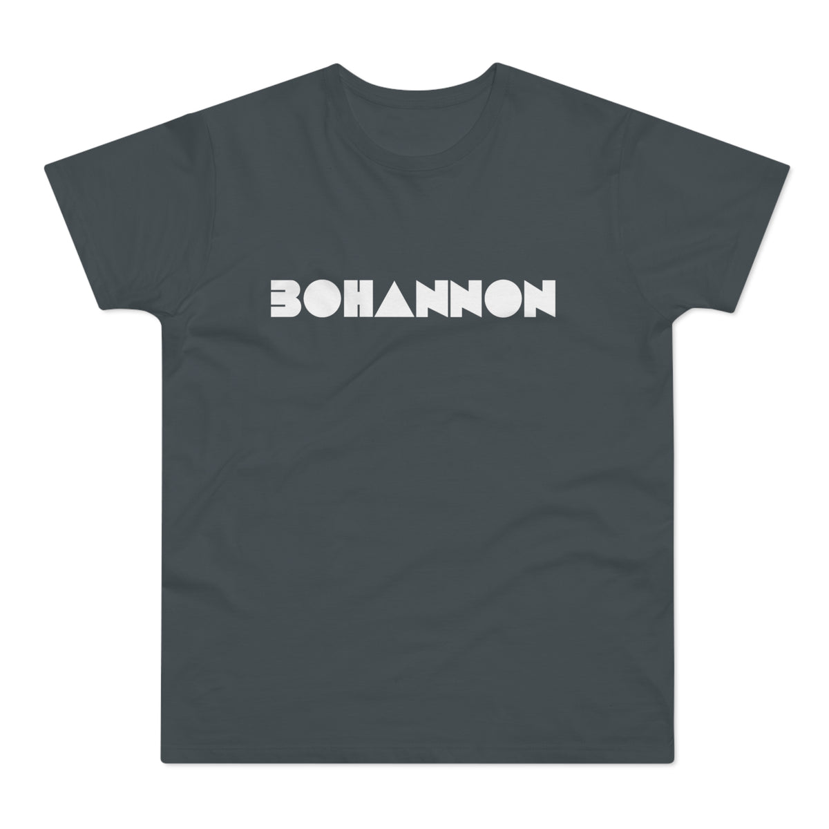 Dark grey t-shirt with white geometric "BOHANNON" text logo.