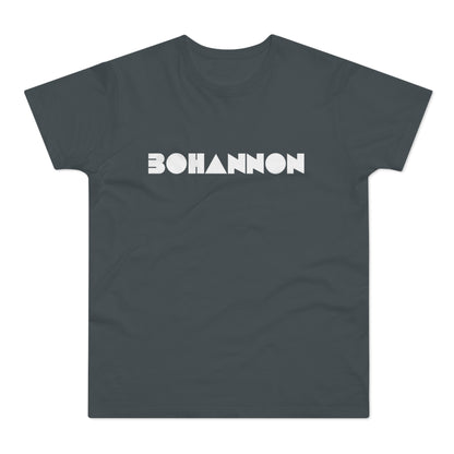 Dark grey t-shirt with white geometric "BOHANNON" text logo.
