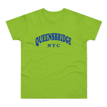 Green t-shirt with blue "QUEENSBRIDGE NYC" text across the chest.