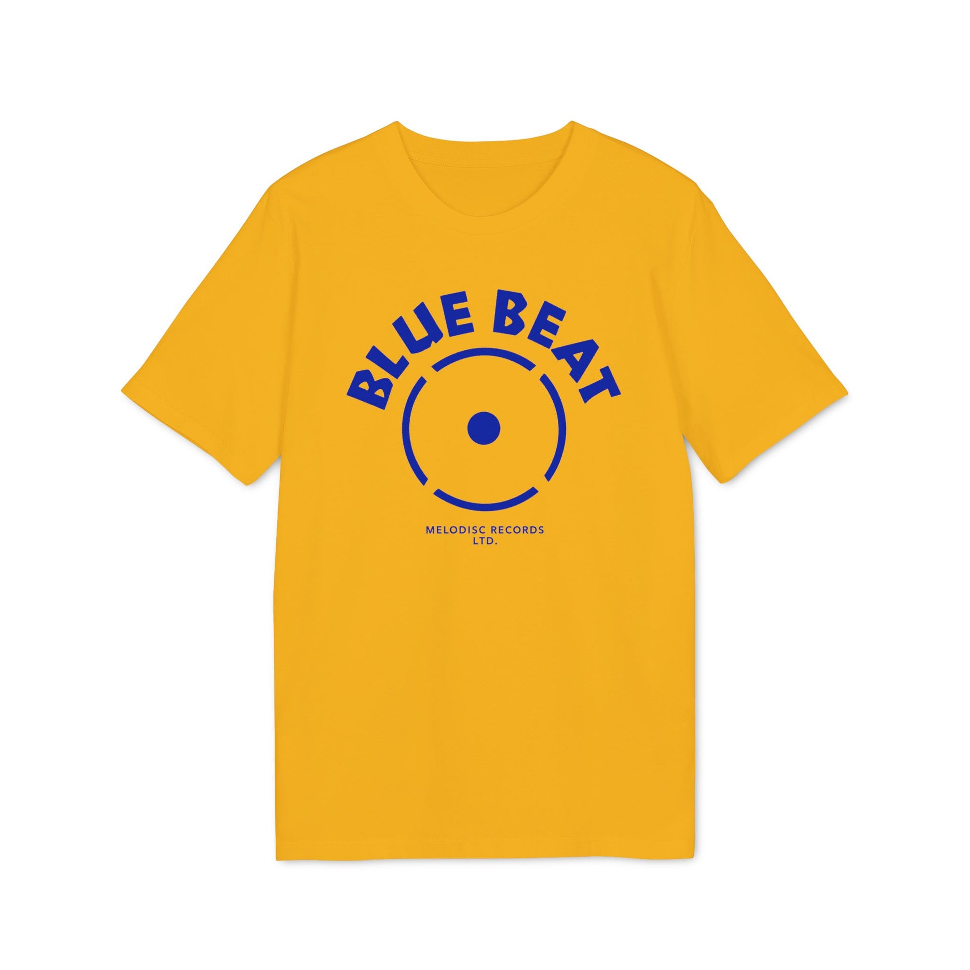 Yellow t-shirt with blue "BLUE BEAT" text and a record graphic.