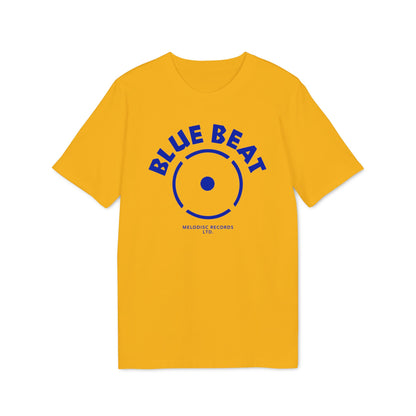 Yellow t-shirt with blue "BLUE BEAT" text and a record graphic.