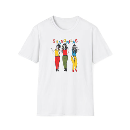 "Shangrilas" text above three women in colored outfits on white t-shirt.