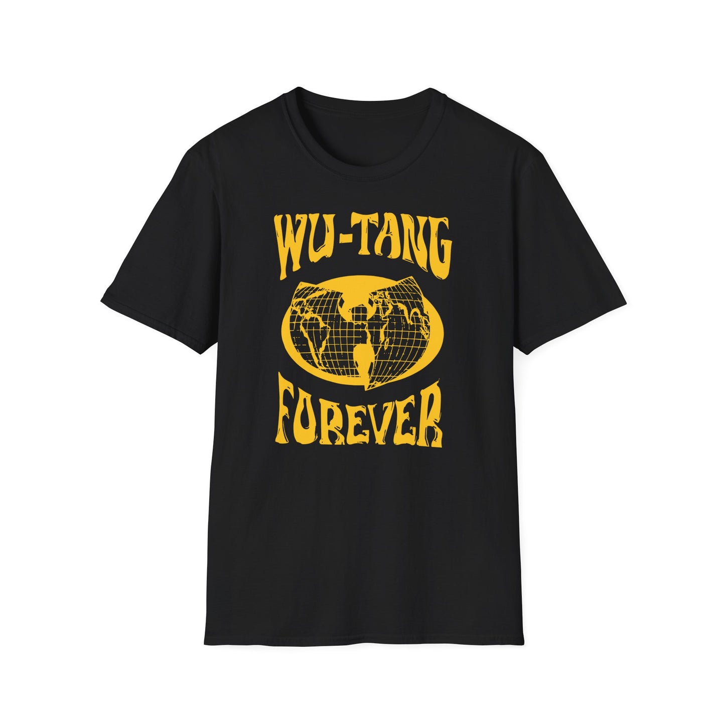 Black t-shirt with yellow Forever text and globe graphic.