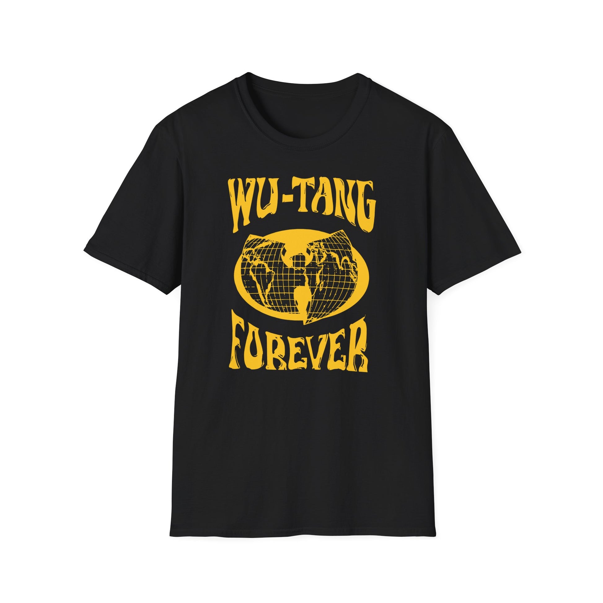 Black t-shirt with yellow Forever text and globe graphic.