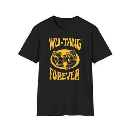 Black t-shirt with yellow Forever text and globe graphic.