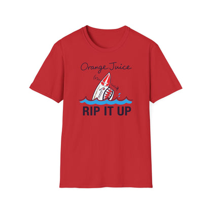Red t-shirt with cartoon shark emerging from water, text "Orange Juice" and "RIP IT UP".