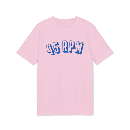 Pink t-shirt with blue "45 RPM" graphic.