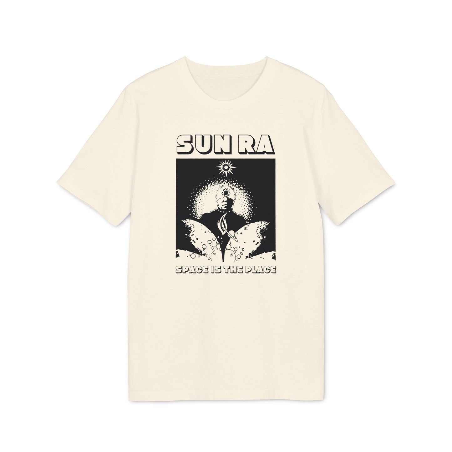 Cream t-shirt with black "SUN RA" text and "SPACE IS THE PLACE" graphic.