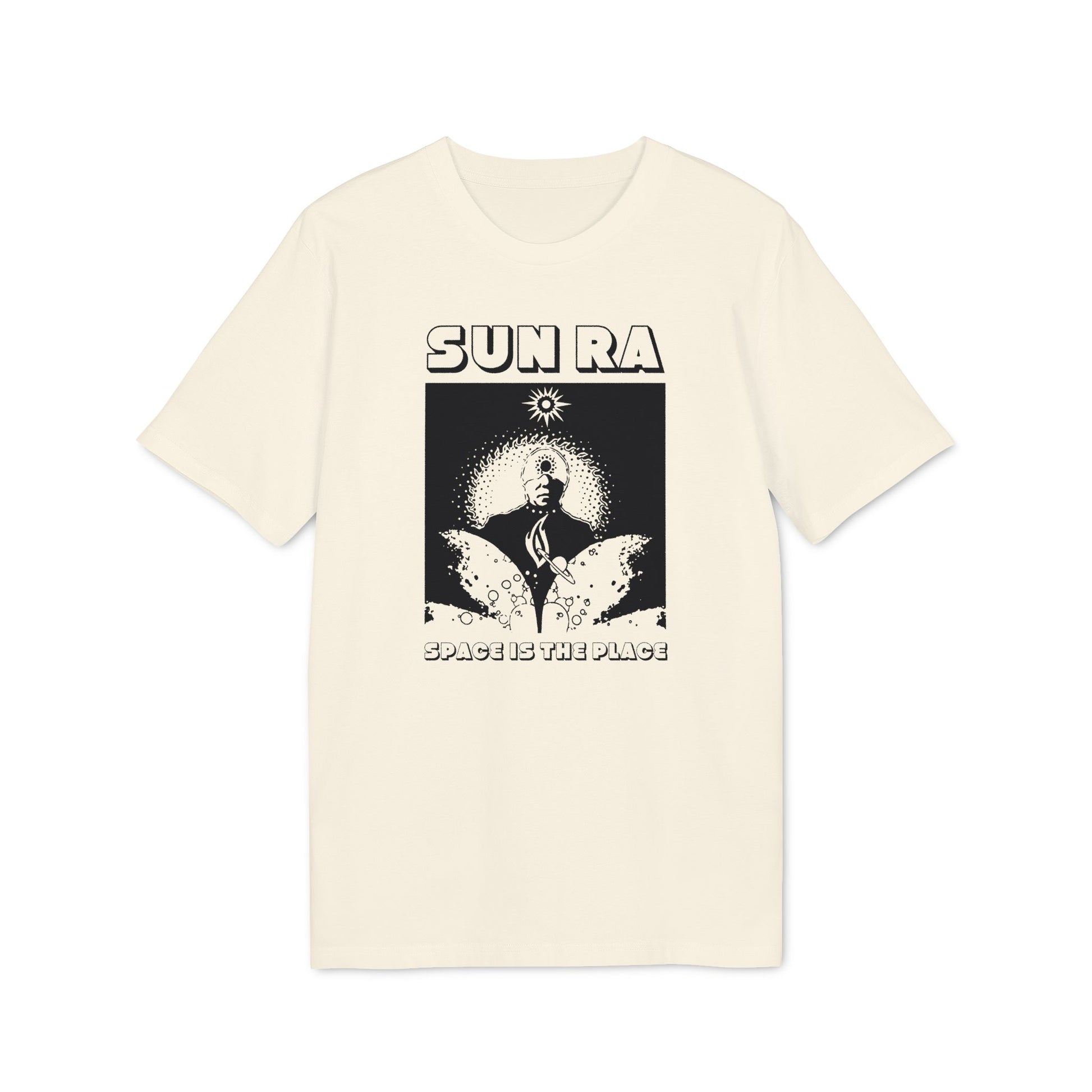Cream t-shirt with black "SUN RA" text and "SPACE IS THE PLACE" graphic.