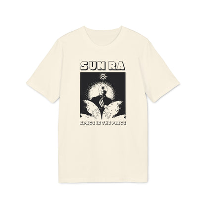 Cream t-shirt with black "SUN RA" text and "SPACE IS THE PLACE" graphic.