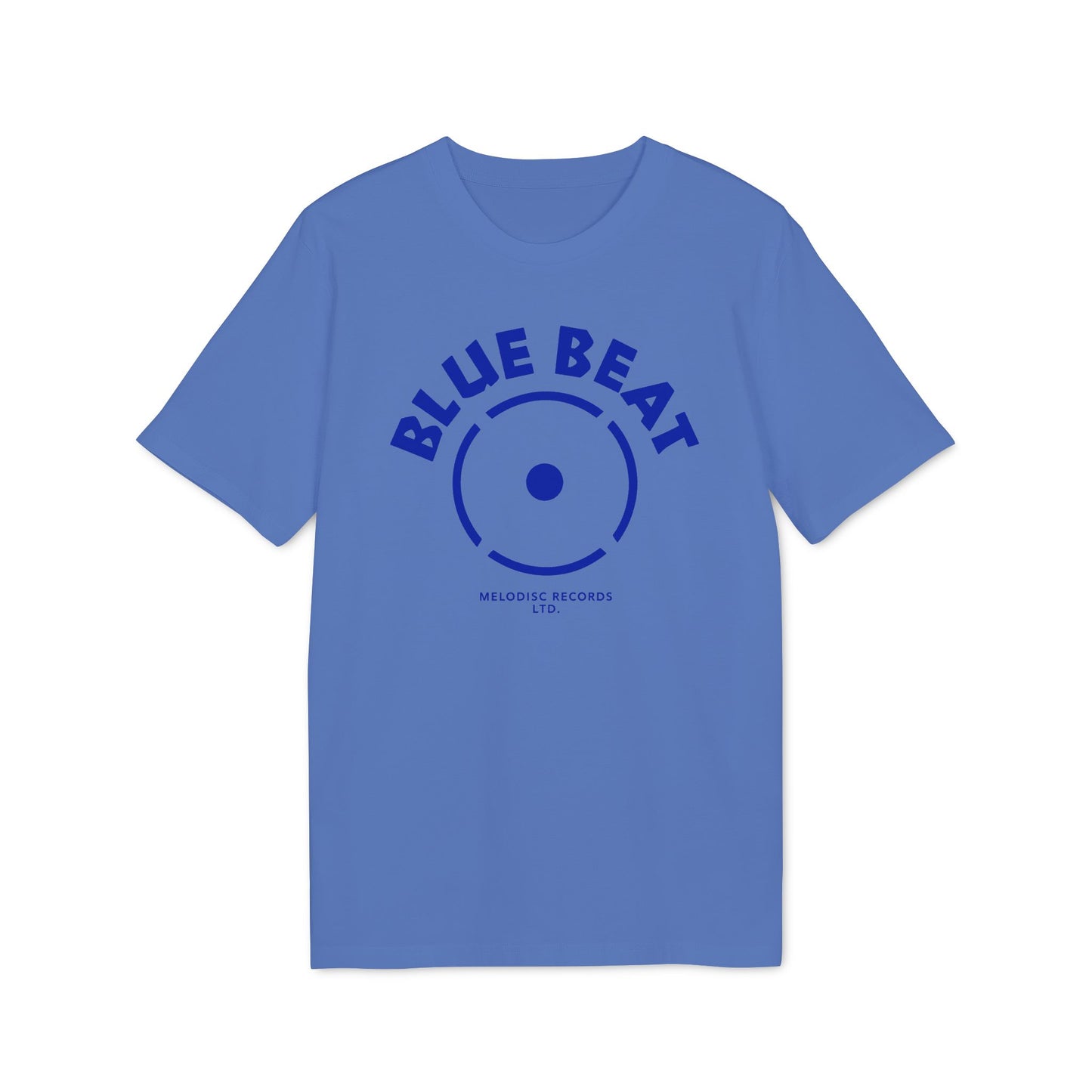 Blue t-shirt with "BLUE BEAT" text and record label graphic.
