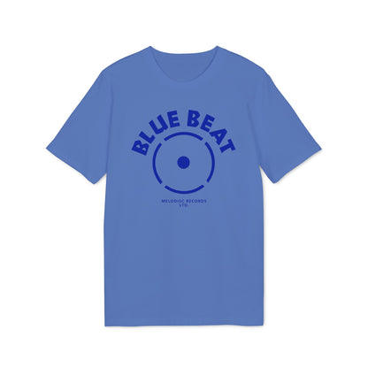 Blue t-shirt with "BLUE BEAT" text and record label graphic.