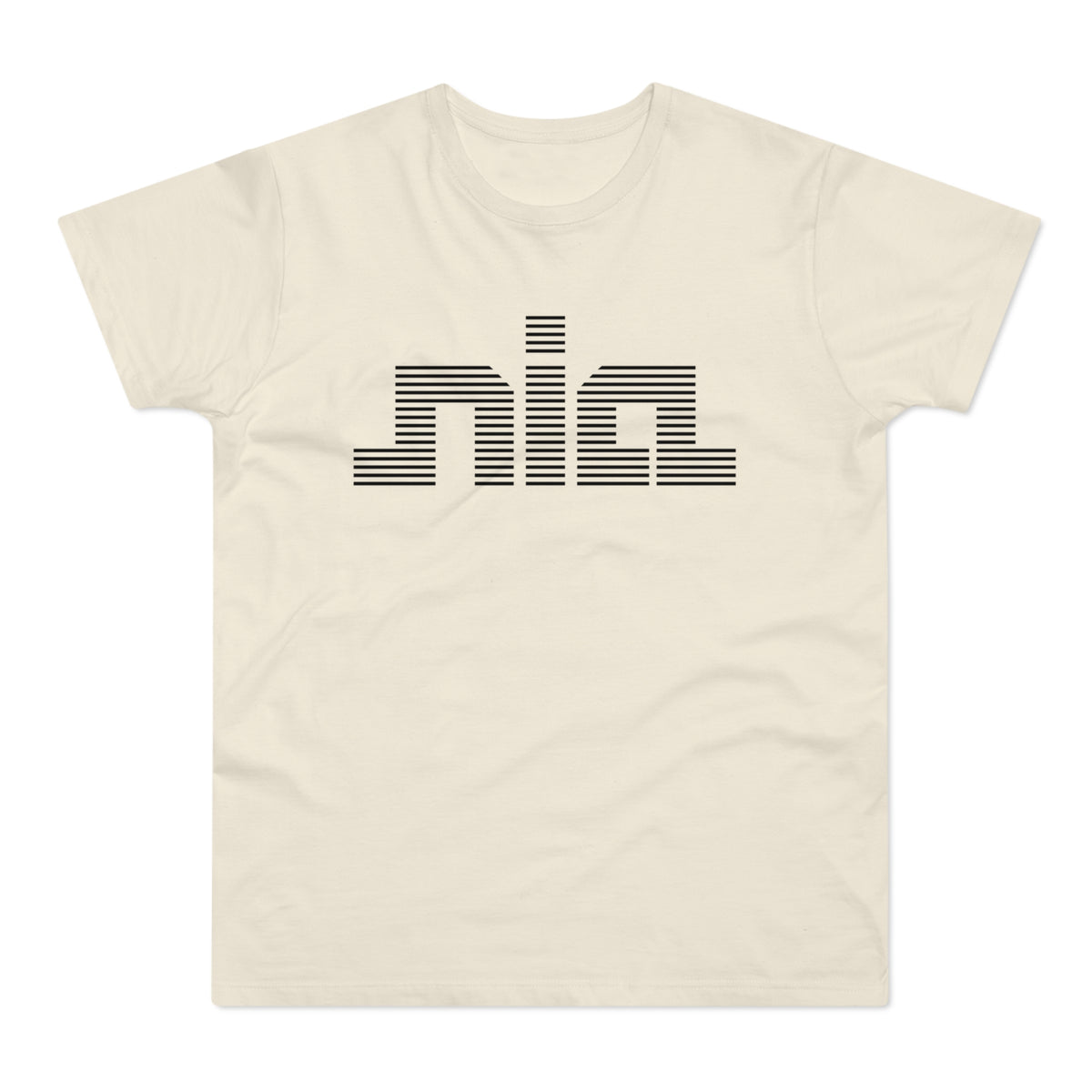 Cream t-shirt with black horizontally striped text reading "nia".