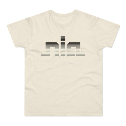 Cream t-shirt with black horizontally striped text reading "nia".
