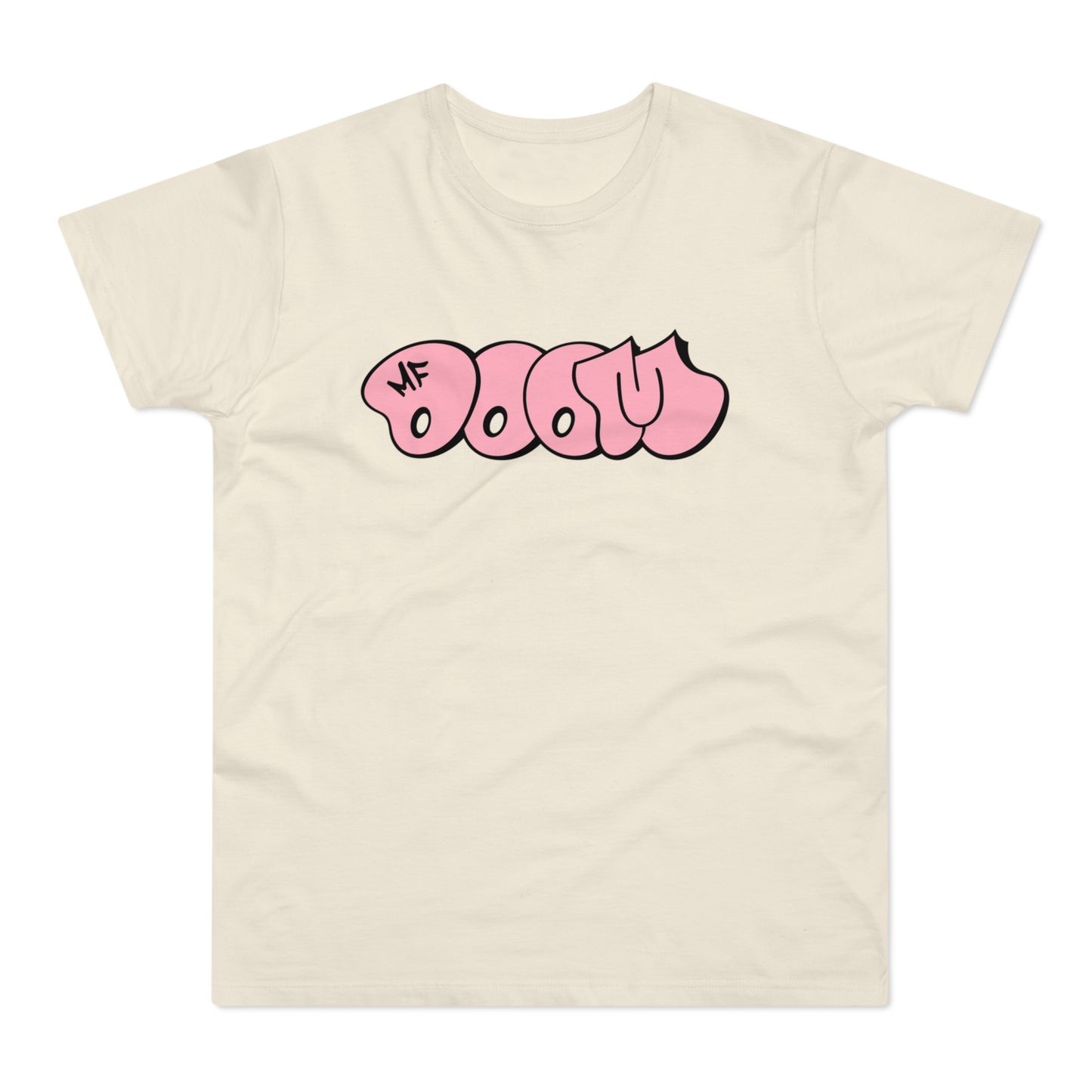 Cream t-shirt with pink "MF DOOM" graffiti logo.