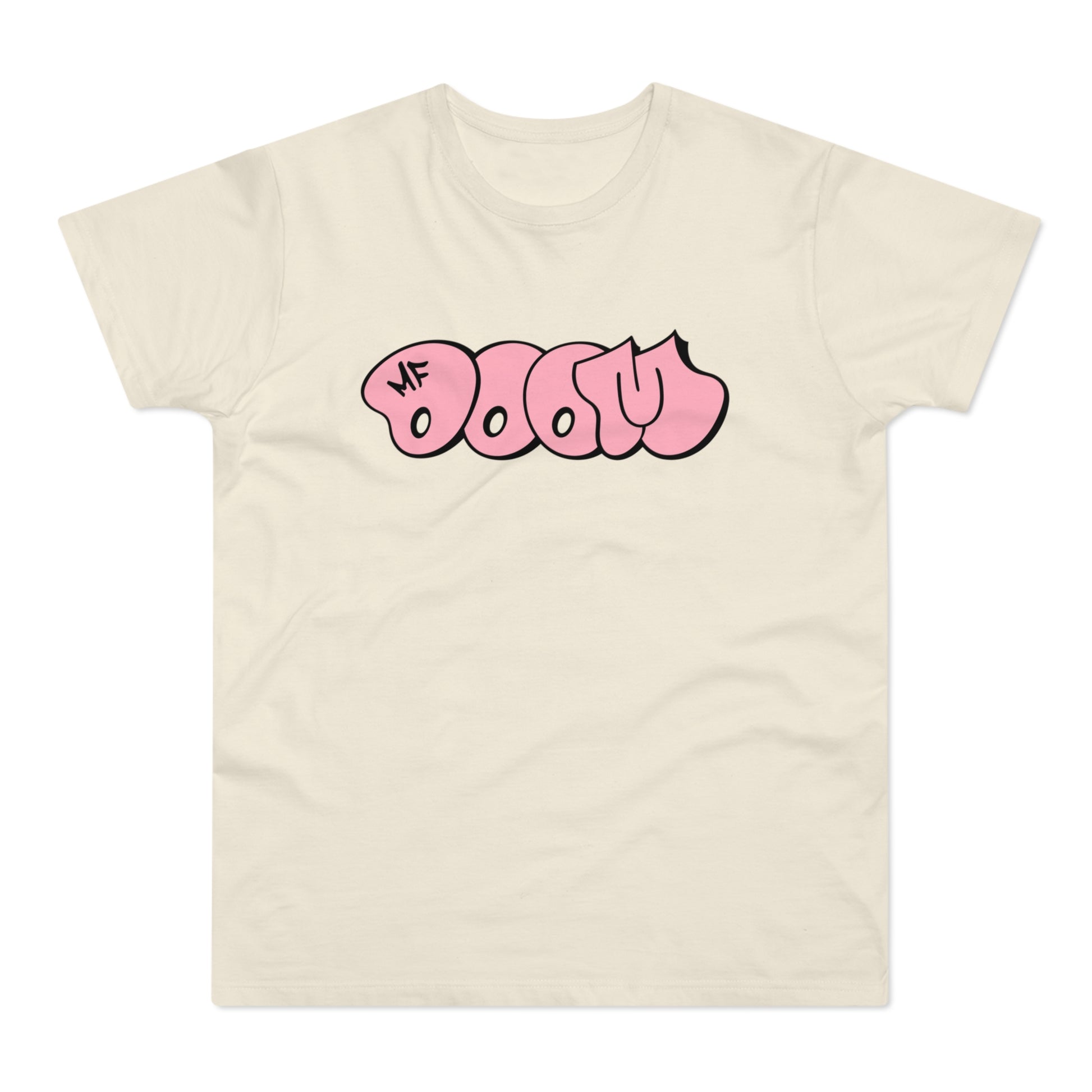 Cream t-shirt with pink "MF DOOM" graffiti logo.