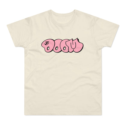 Cream t-shirt with pink "MF DOOM" graffiti logo.