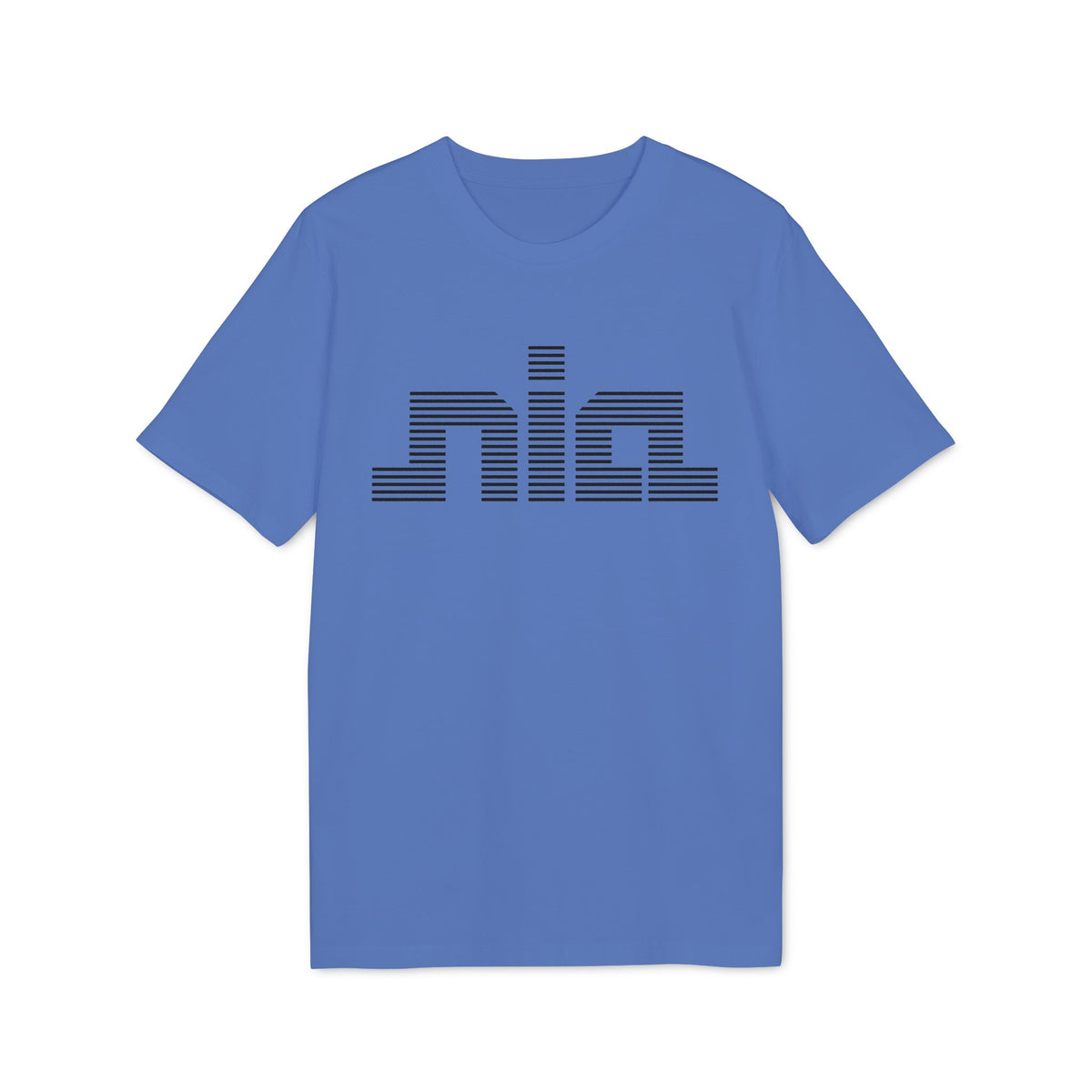 A blue short-sleeved crew neck t-shirt featuring the black striped text nia centered on the chest.