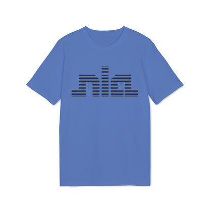 A blue short-sleeved crew neck t-shirt featuring the black striped text nia centered on the chest.