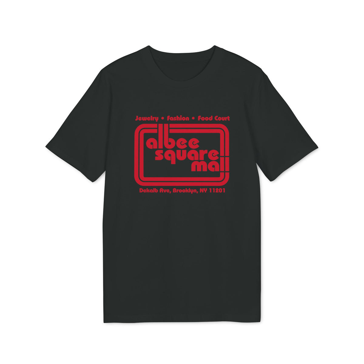A black short-sleeved t-shirt featuring the red vintage logo for Albee Square Mall, Brooklyn, NY.