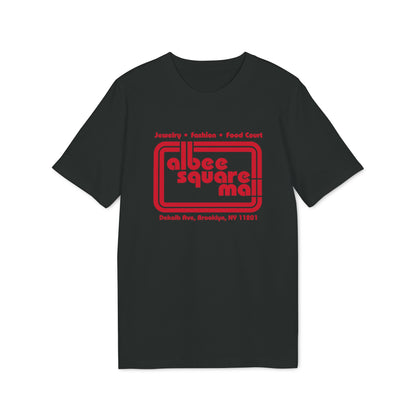 A black short-sleeved t-shirt featuring the red vintage logo for Albee Square Mall, Brooklyn, NY.