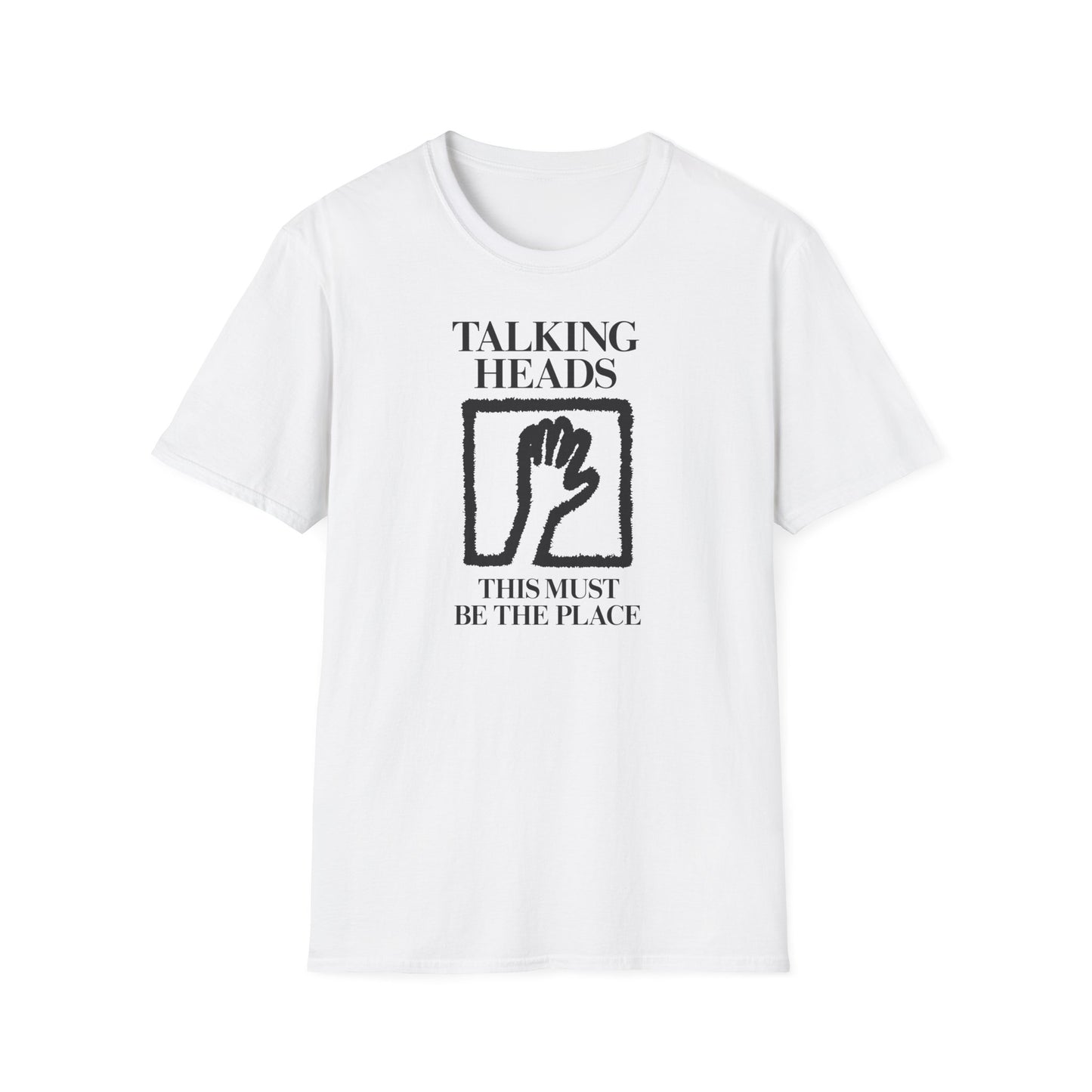 White t-shirt with "Talking Heads" and "This Must Be The Place" text and hand graphic.