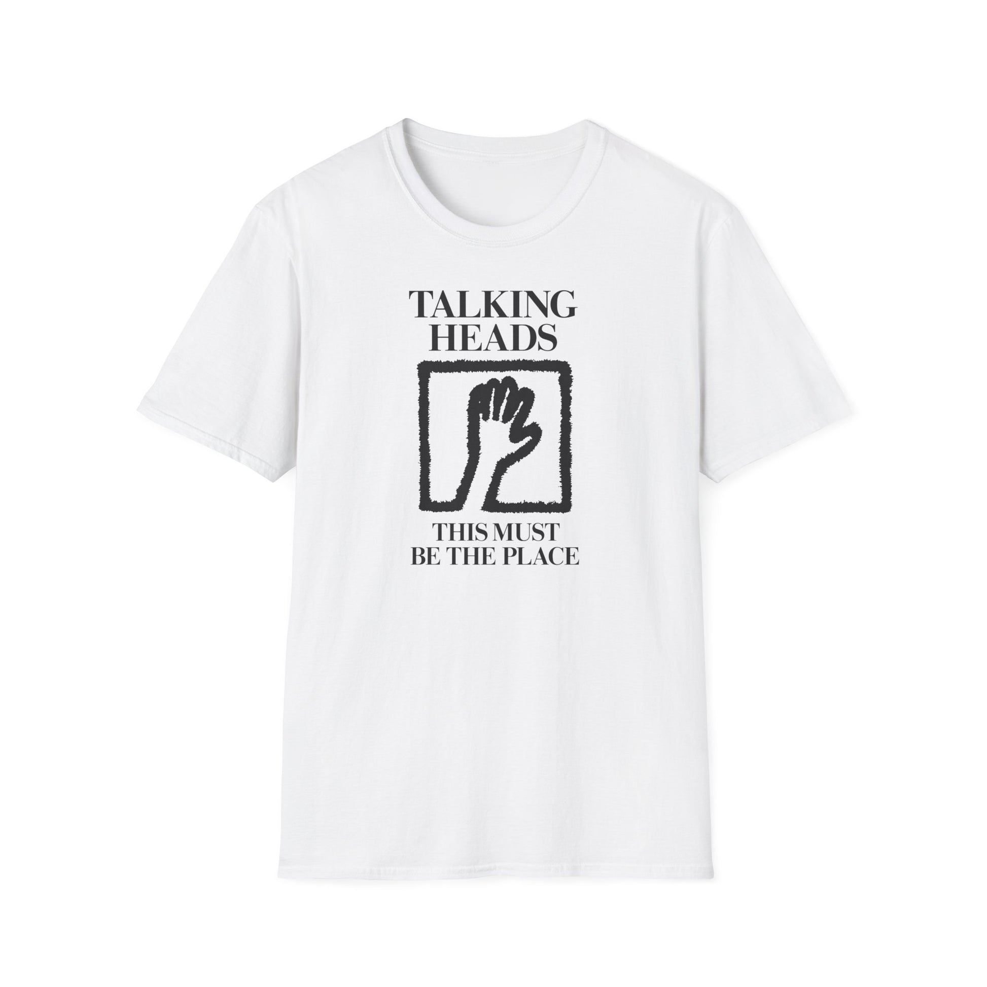 White t-shirt with "Talking Heads" and "This Must Be The Place" text and hand graphic.