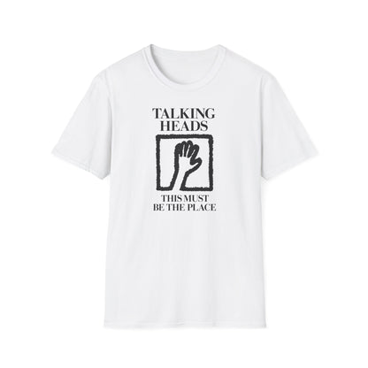 White t-shirt with "Talking Heads" and "This Must Be The Place" text and hand graphic.