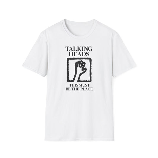 White t-shirt with "Talking Heads" and "This Must Be The Place" text and hand graphic.