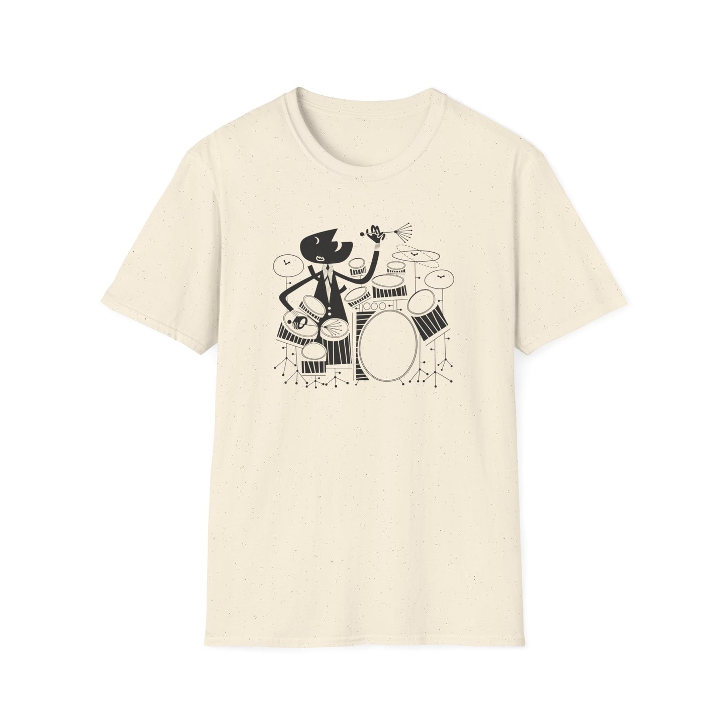 Black abstract figure playing drums on a cream t-shirt.