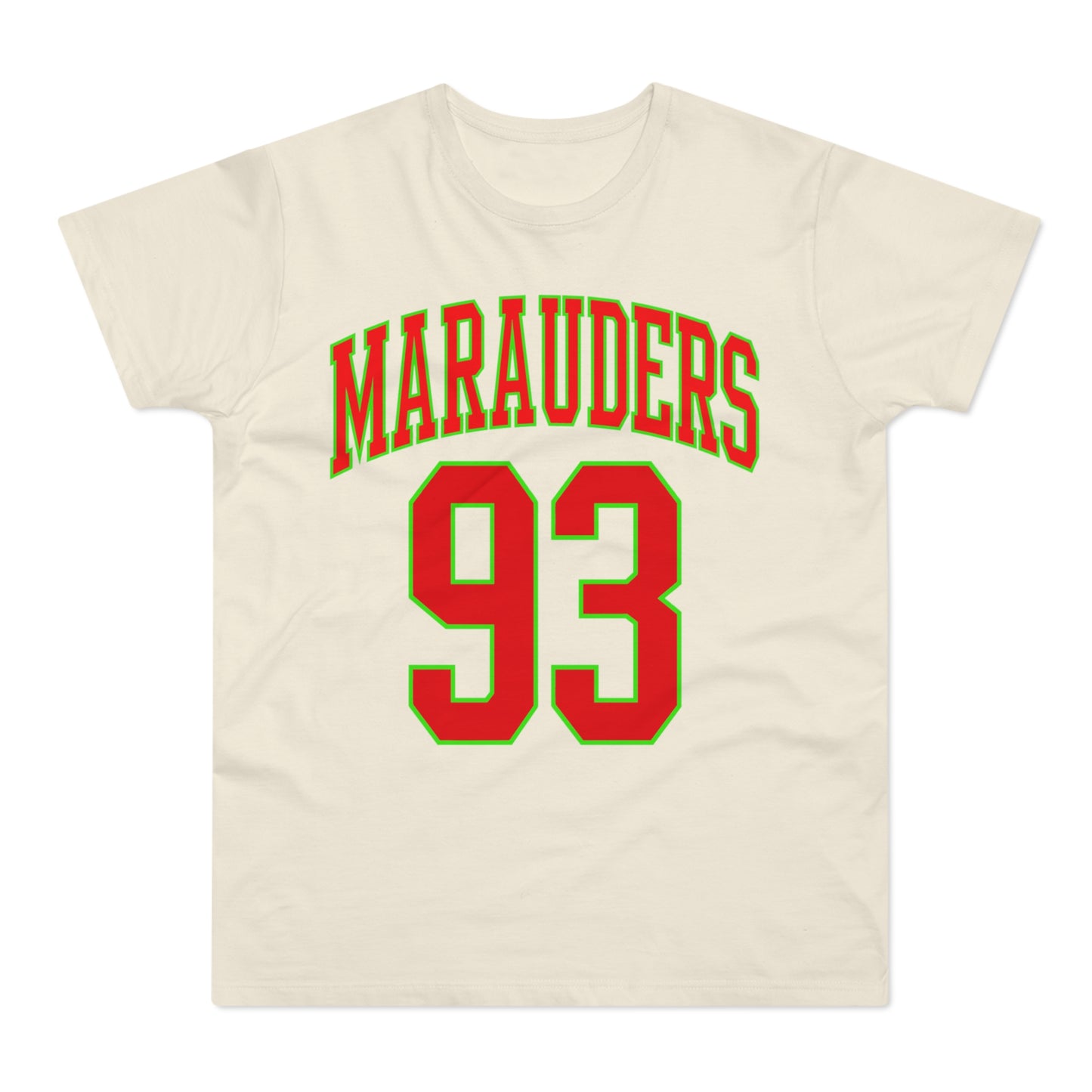 Cream t-shirt with red "MARAUDERS 93" graphic outlined in green.