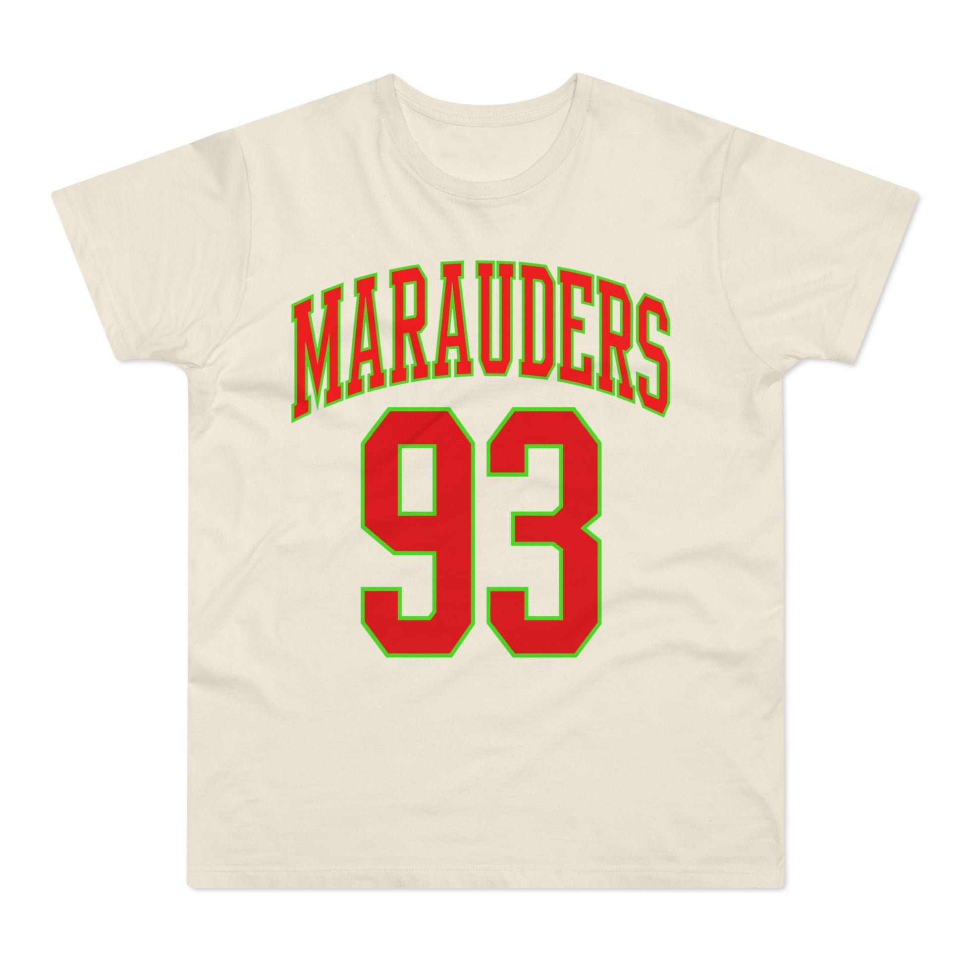 Cream t-shirt with red "MARAUDERS 93" graphic outlined in green.