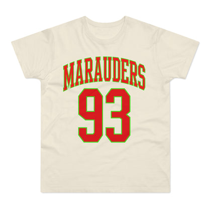 Cream t-shirt with red "MARAUDERS 93" graphic outlined in green.