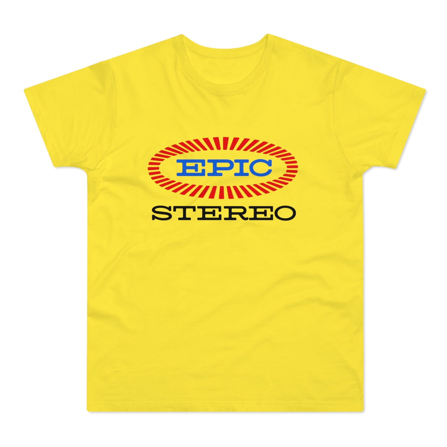 Yellow t-shirt with oval "EPIC STEREO" logo in red and blue.