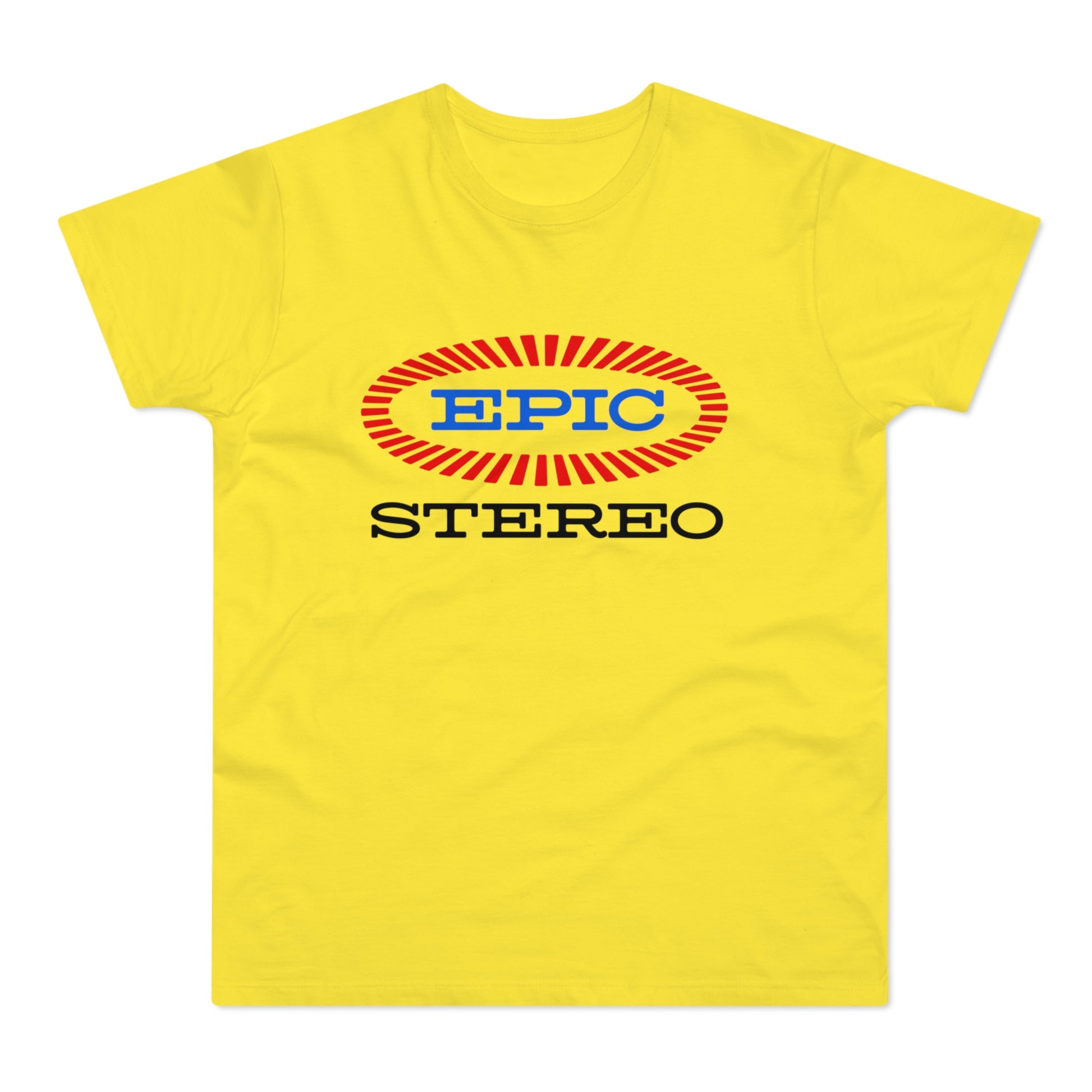 Yellow t-shirt with oval "EPIC STEREO" logo in red and blue.