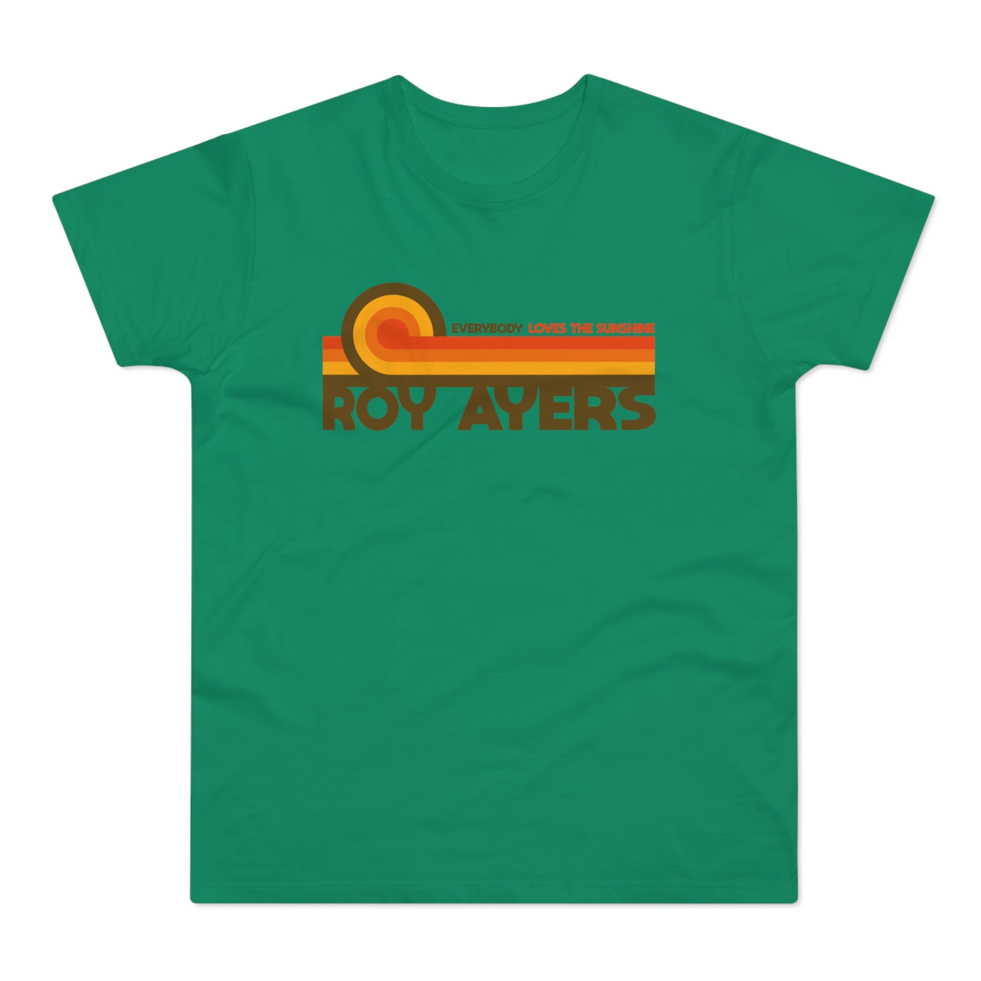 Green t-shirt with brown text "ROY AYERS EVERBODY LOVES THE SUNSHINE" and retro stripes.