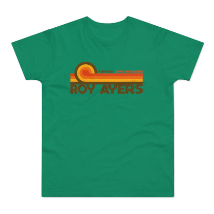 Green t-shirt with brown text "ROY AYERS EVERBODY LOVES THE SUNSHINE" and retro stripes.