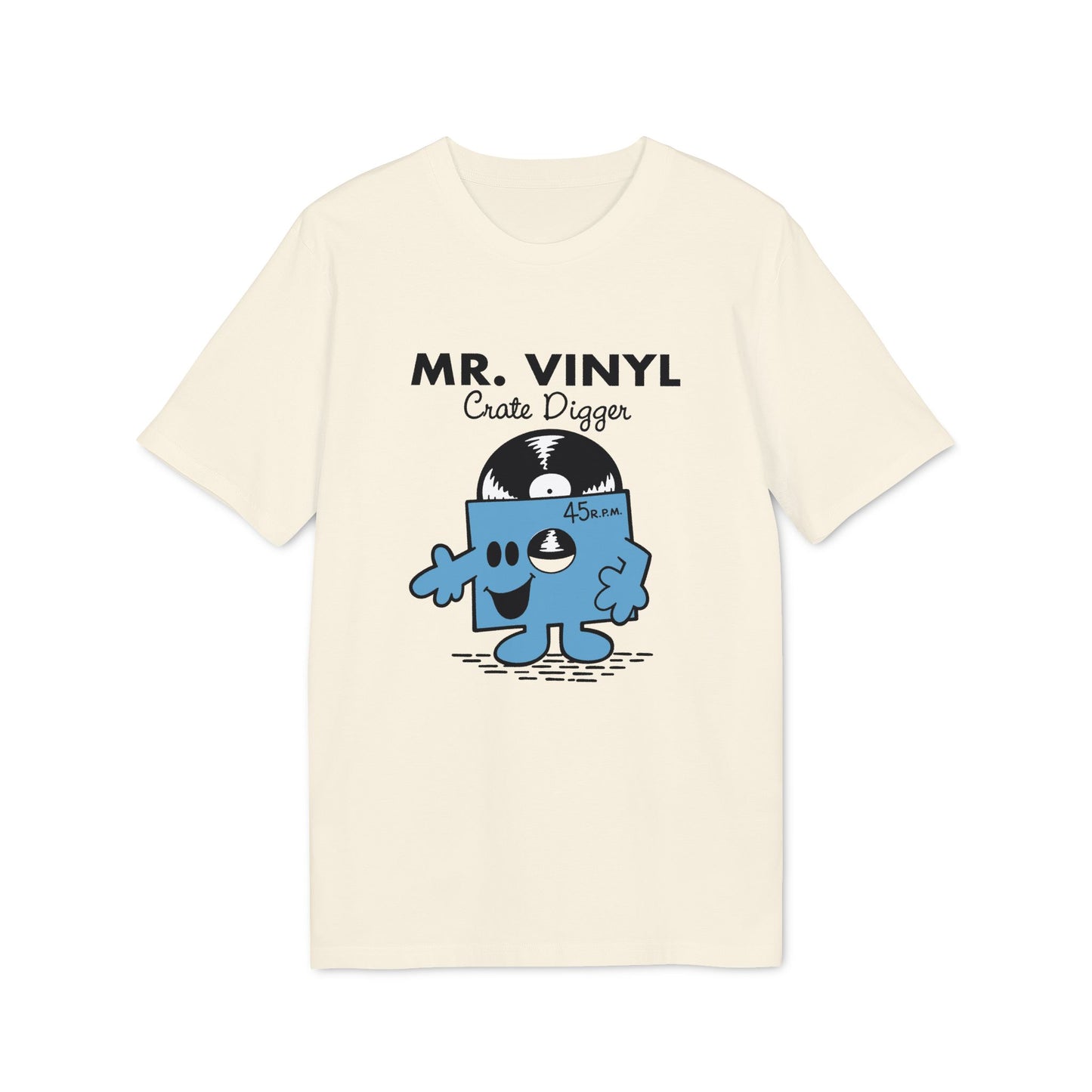 Cream t-shirt with "MR. VINYL Crate Digger" text and a blue vinyl record character.