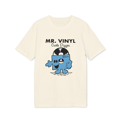Cream t-shirt with "MR. VINYL Crate Digger" text and a blue vinyl record character.