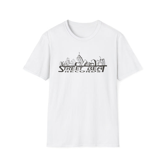 White t-shirt with black "Street Beat Records" text and city skyline graphic.