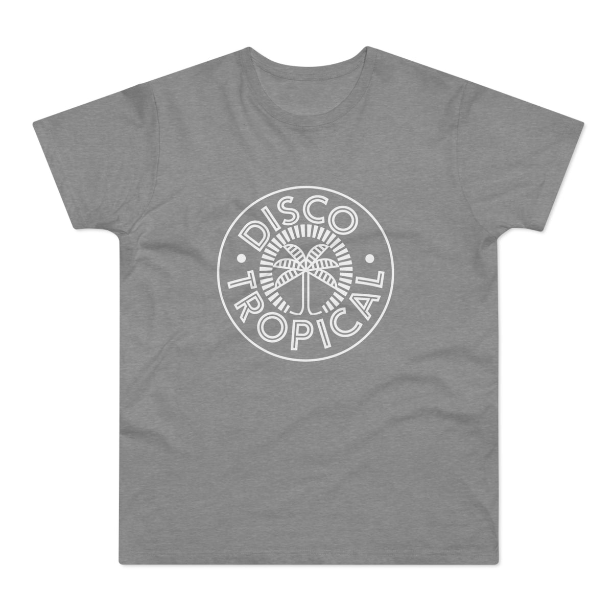 Grey t-shirt with white "DISCO TROPICAL" text and palm tree logo.