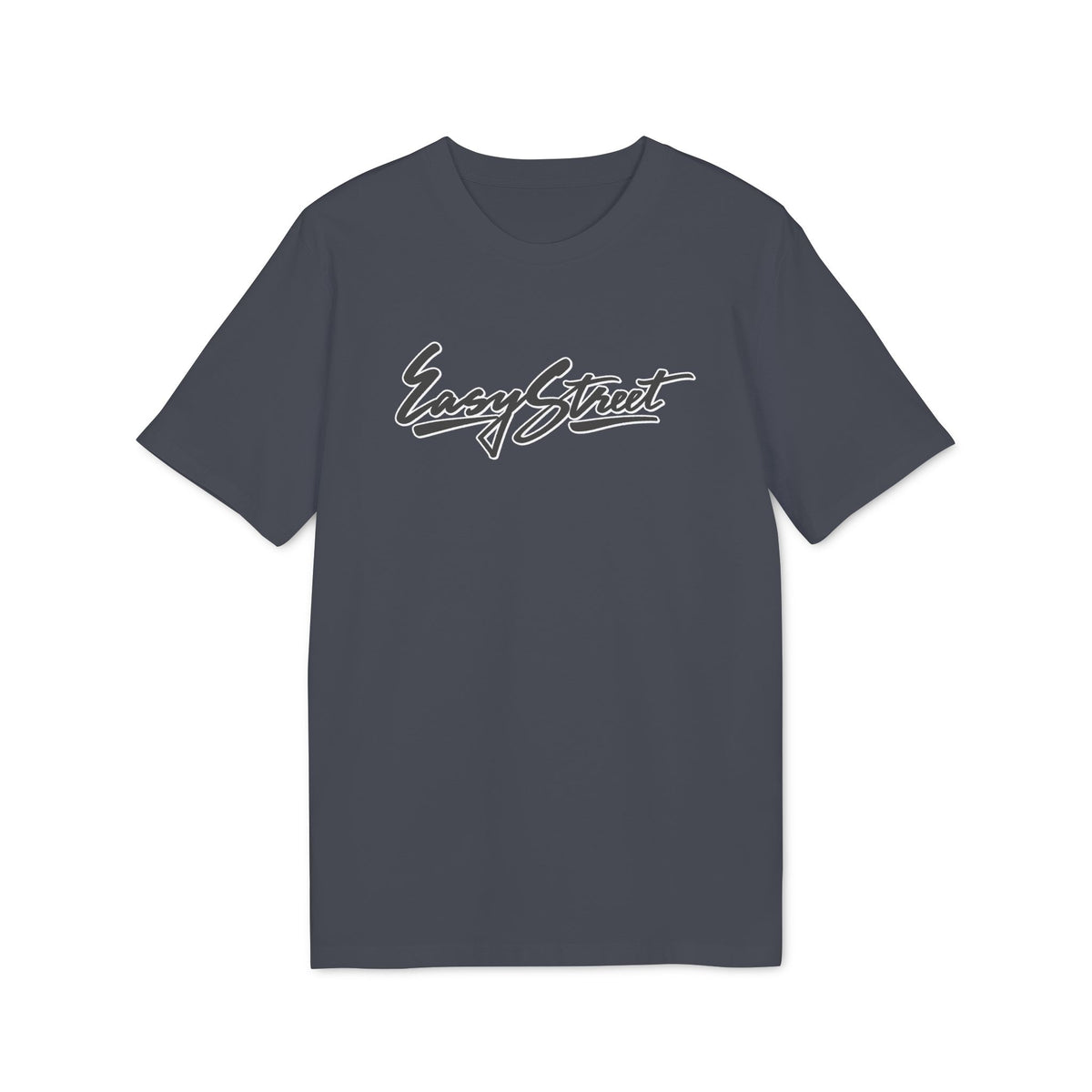 Dark grey short-sleeved t-shirt featuring the white outline text "Easy Street" printed centrally on the chest.