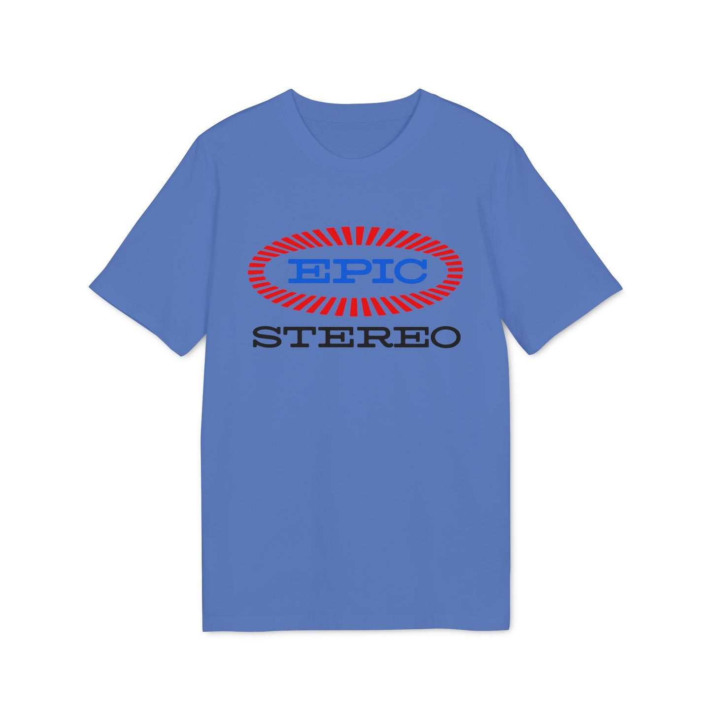 Blue t-shirt with red and blue "EPIC STEREO" logo on chest.