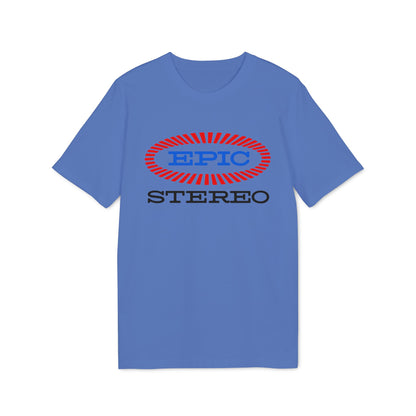 Blue t-shirt with red and blue "EPIC STEREO" logo on chest.