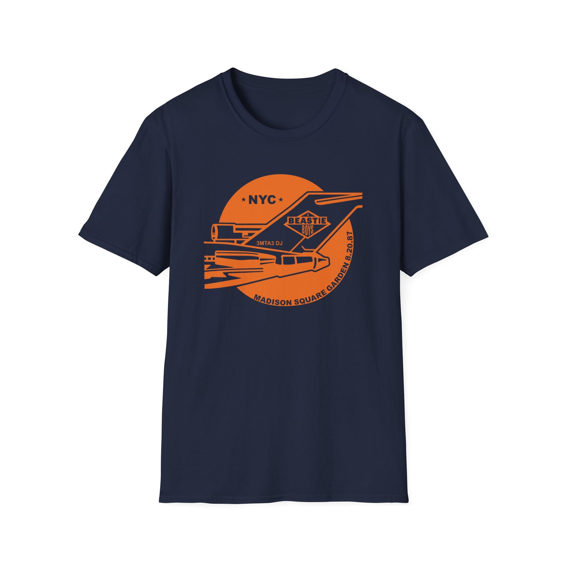 Navy t-shirt with orange Madison Square Garden graphic.