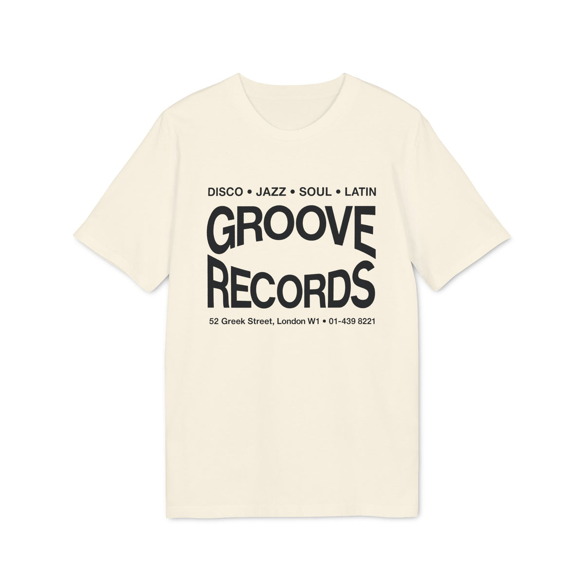 A cream-colored t-shirt with black text that reads "GROOVE RECORDS" and "52 Greek Street, London W1."