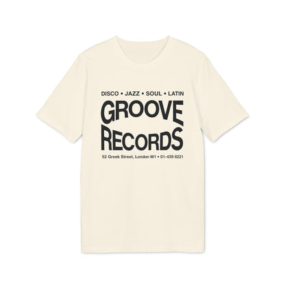 A cream-colored t-shirt with black text that reads "GROOVE RECORDS" and "52 Greek Street, London W1."