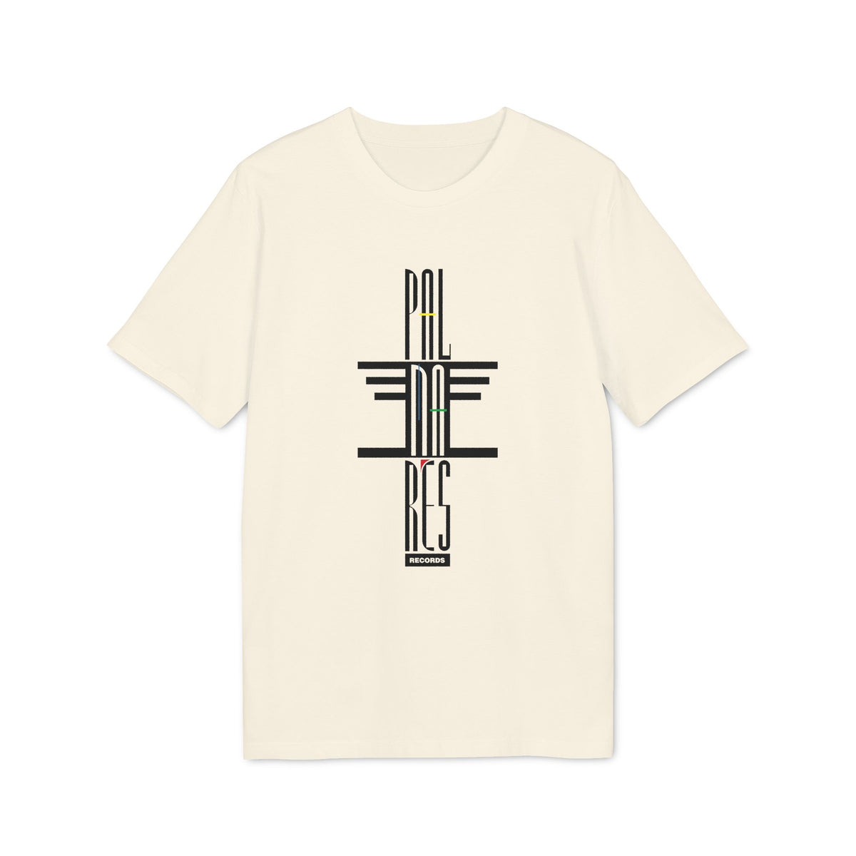 A cream-colored short-sleeved t-shirt featuring a vertical black typographic graphic with the text Palmares Records.